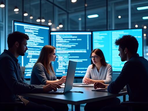 A team of software engineers collaborating in a modern tech office.