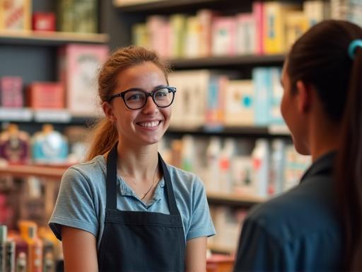 A smiling retail store manager assisting a customer.