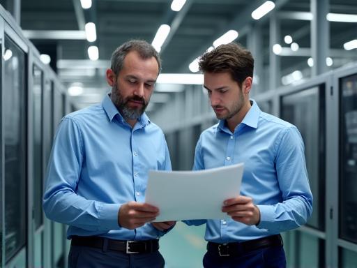 A factory manager and employee reviewing documents in a clean manufacturing plant.