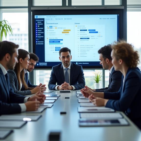 A focused team of professionals collaborating around a table.